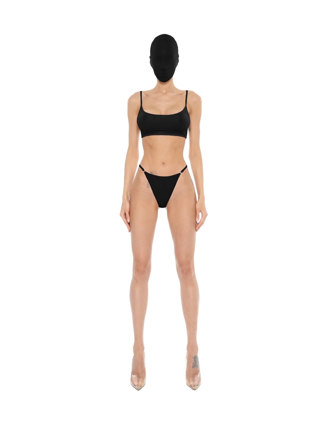 Basic black top + micro thong with rings set