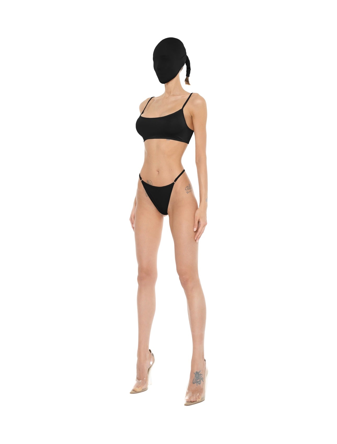 Basic black top + micro thong with rings set